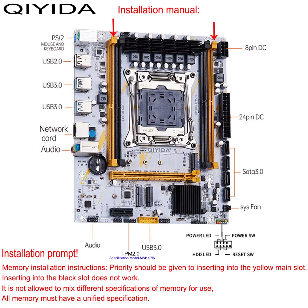 X99 Motherboard LGA 2011-3 Set Kit Xeon E5 2680 V4 CPU Processor 16G=1*16G DDR4 REG ECC RAM Memory NVME M.2 TPM2.0 Plug