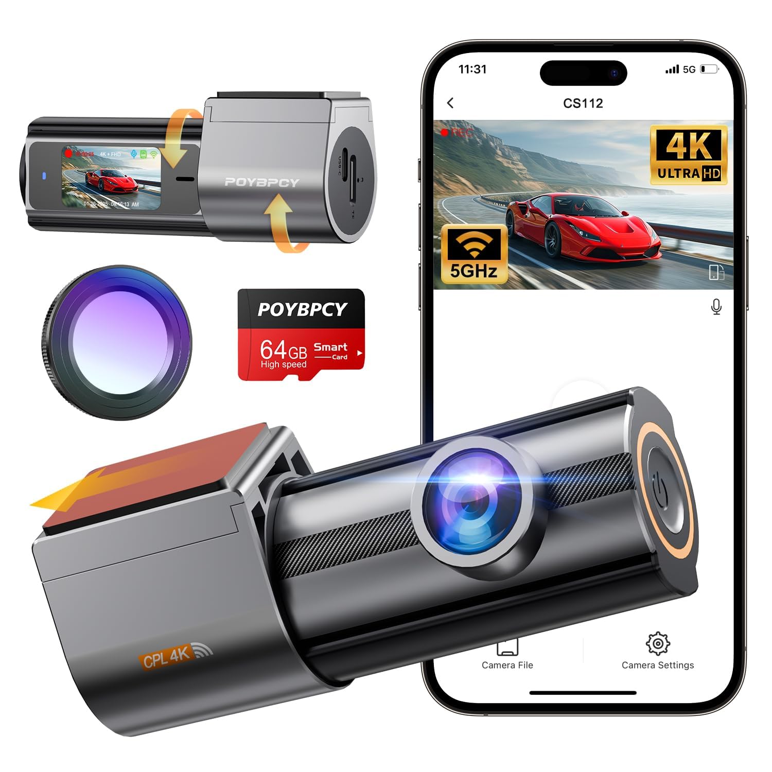 Ishmael Tech Supply 4K Ultra-HD Smart Dash Cam with Night Vision & Wi-Fi