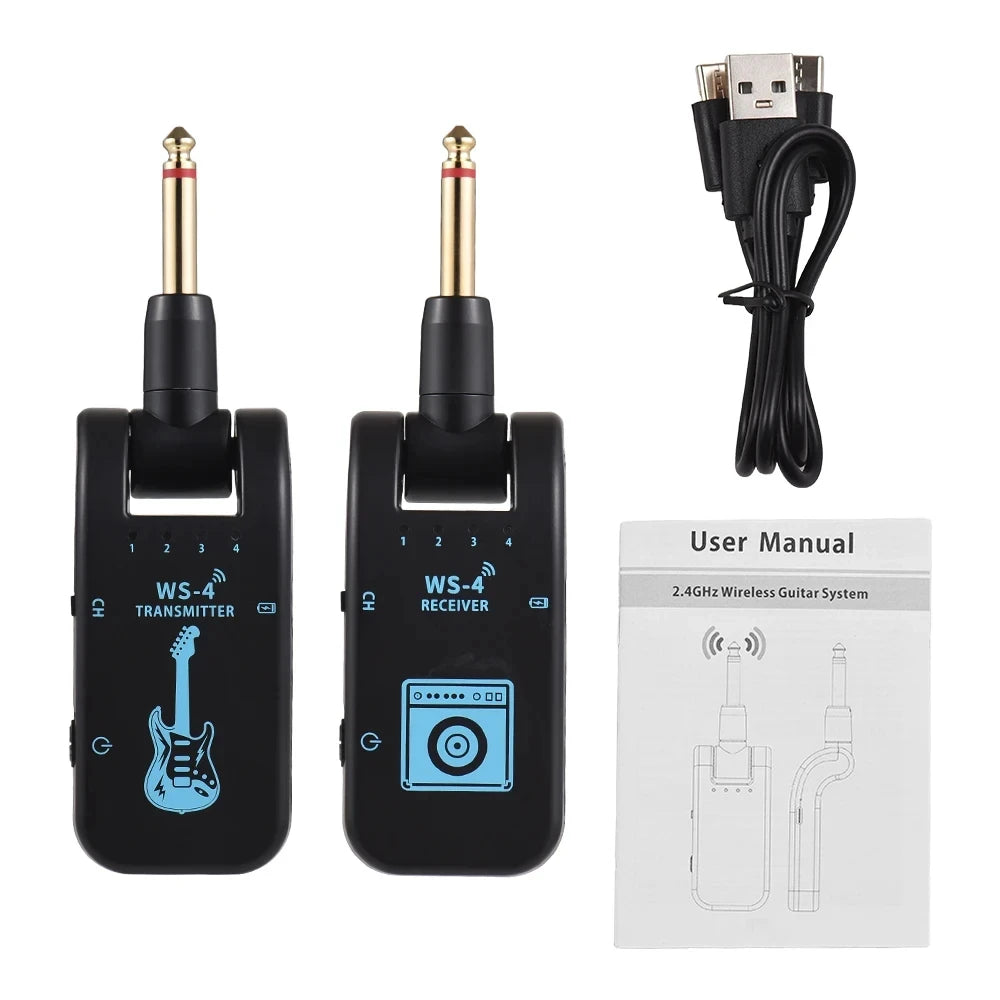 WS-4 2.4Ghz Wireless Guitar Audio System - No Pairing Required, 8 Channels, 40M Range, 10H Battery, for Guitar/Keyboard/Drums
